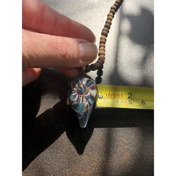 Handblown Glass Pendant On 20” Wooden Bead Necklace Boho Style Artisan Made 2008 - Picture 12 of 16